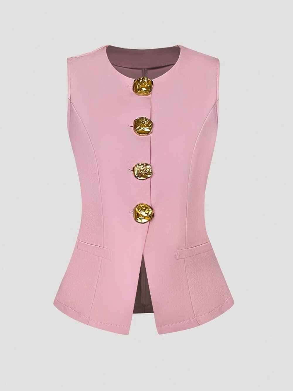 Pink French Style Sleeveless Blazer Vest – Gold Button Elegant Top